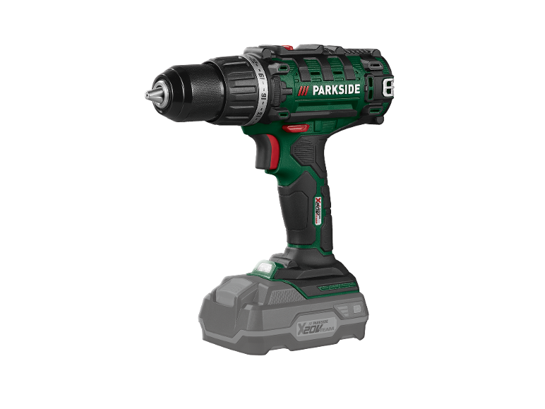 Green and black cordless drill with battery, featuring a torque selection ring.