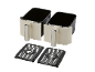 Two cream and black air fryers with two removable grates.