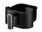 Black air fryer basket with a handle and internal markings.