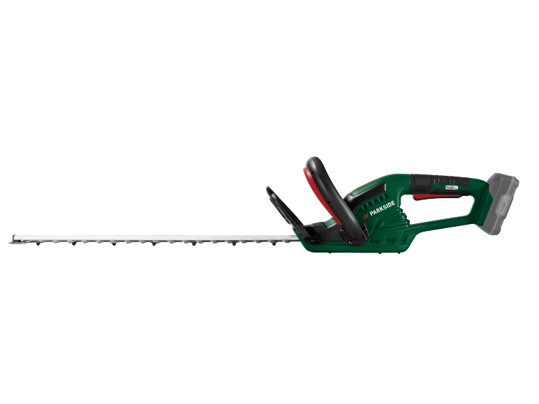 Cordless hedge trimmer with a long blade and ergonomic handles.