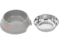 Grey pet bowl with hearts and a stainless steel bowl.