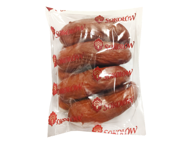 Smoked sausages in transparent packaging with a repeating tree motif logo