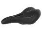 Black comfortable bicycle saddle with ergonomic design and embossed details.