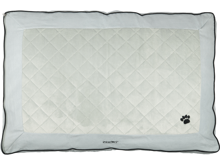 Quilted off-white pet mat with a grey border and paw print.