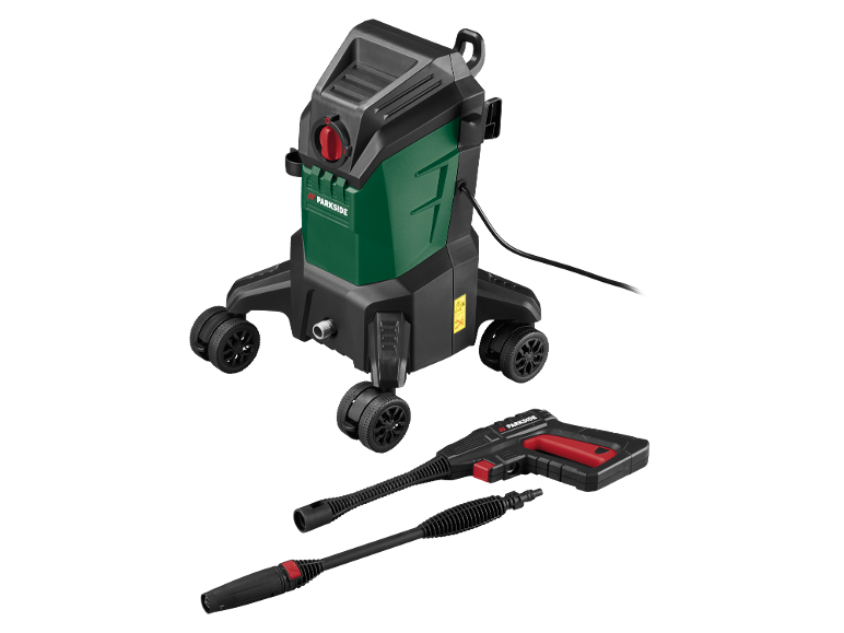 Green and black pressure washer with a spray gun and two nozzles.