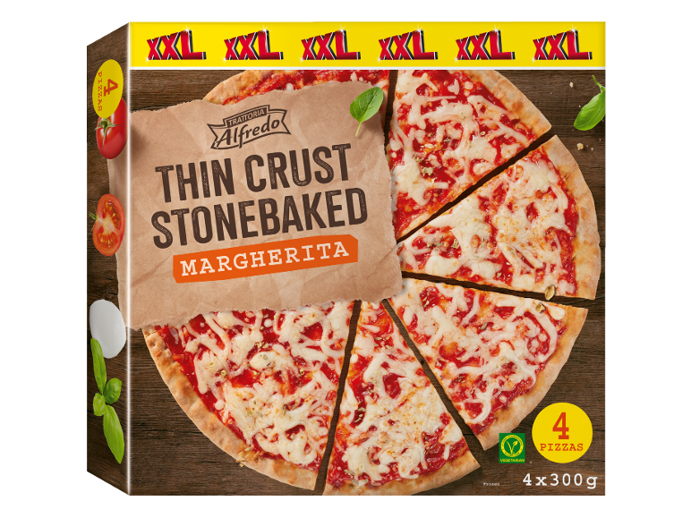 Box of thin crust stonebaked Margherita pizzas, with 'XXL' and '4 pizzas' indications.