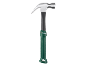 Claw hammer with a green handle and a black rubber insert