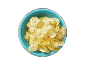 Herb potato chips in a blue bowl on a black background.