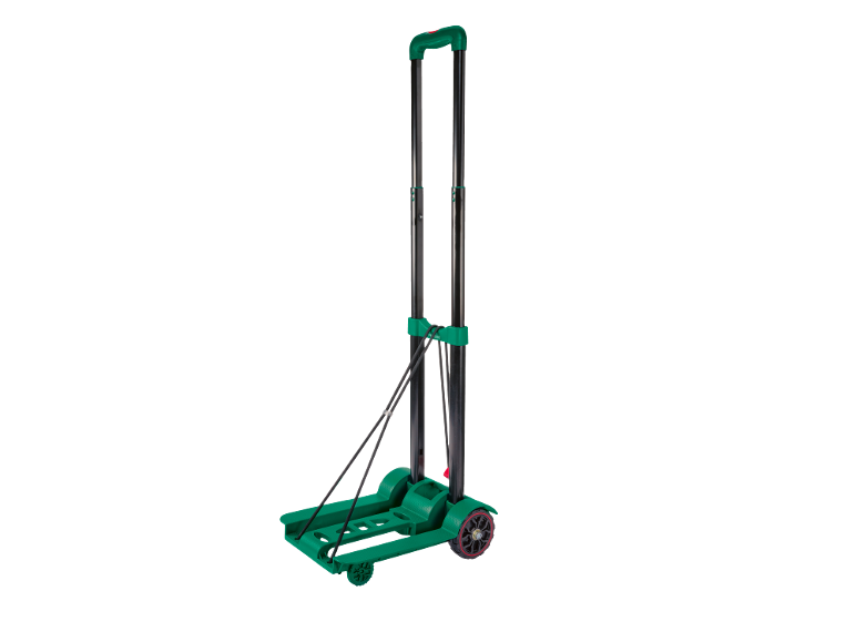 Green foldable transport trolley with telescopic handle and black wheels.