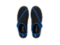 A pair of black water shoes with blue detailing, viewed from above.