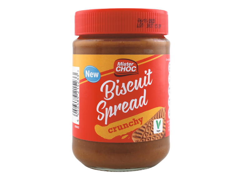 Jar of crunchy biscuit spread with a red label saying 'New' and 'Vegan'.