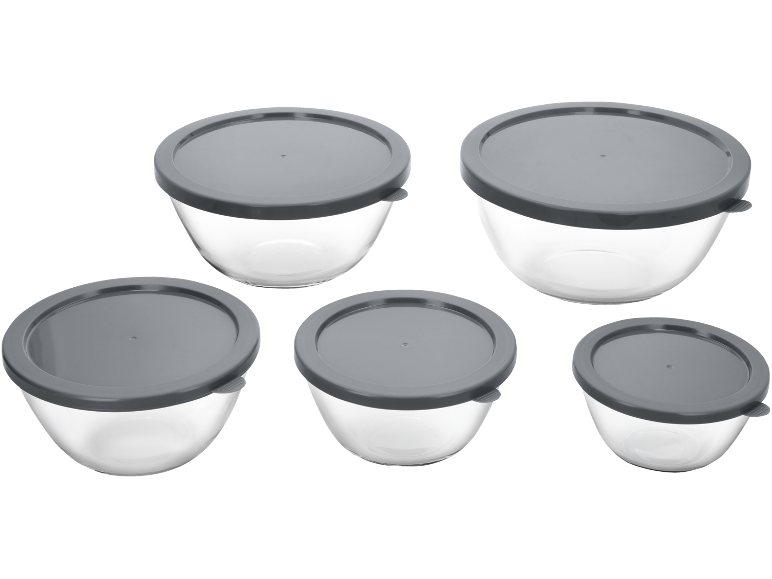 Set of five clear glass bowls with dark grey plastic lids, varying in size.