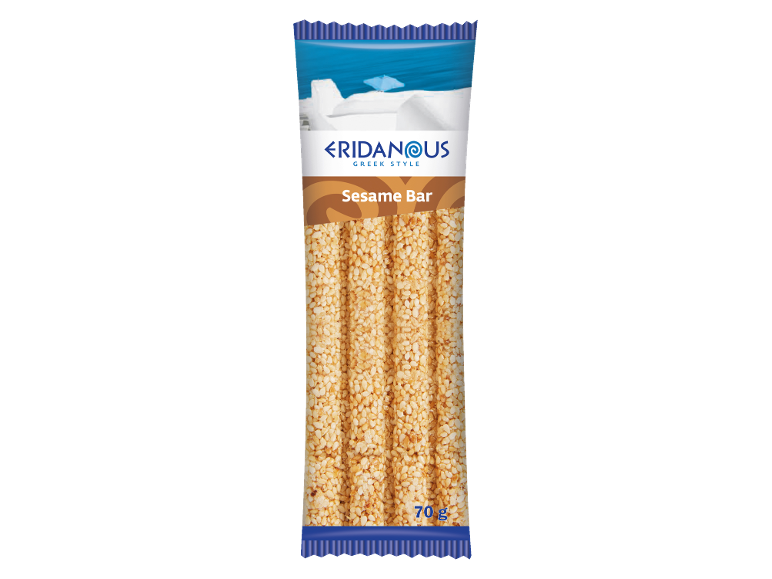 Greek style sesame bar with a blue and white background, 70g.
