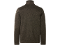 Men's dark green marled knit sweater with a stand-up collar, back view.