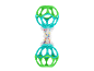 Green and turquoise baby rattle with a transparent center and colorful balls.