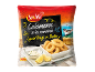 Squid rings in batter with sauce and lemon, 500g, on a marine background.