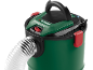 Green wet and dry vacuum cleaner with a transparent hose and a red switch