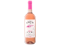 Bottle of rosé wine with a white label and a pink bridge motif.
