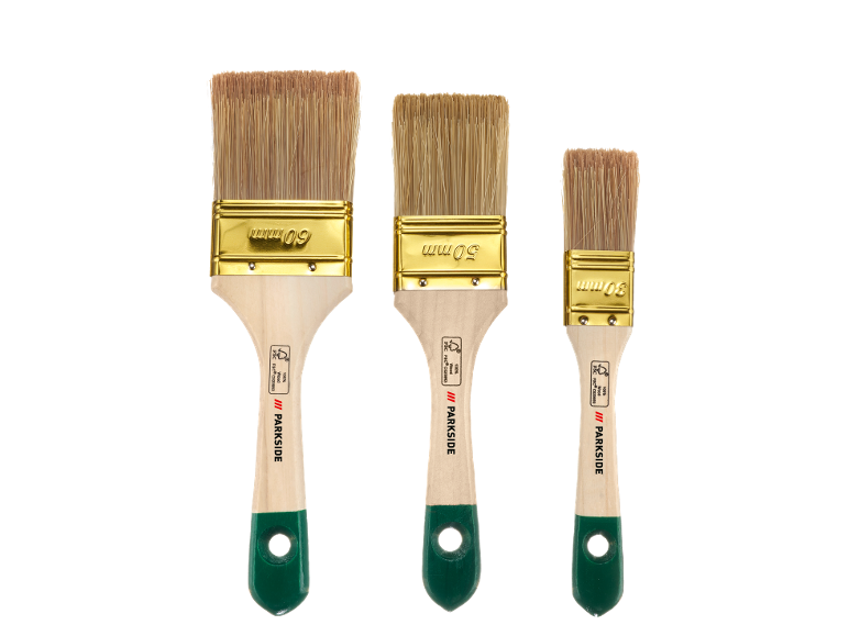 Three paint brushes of different sizes (60mm, 50mm, 30mm) with wooden handles and natural bristles.