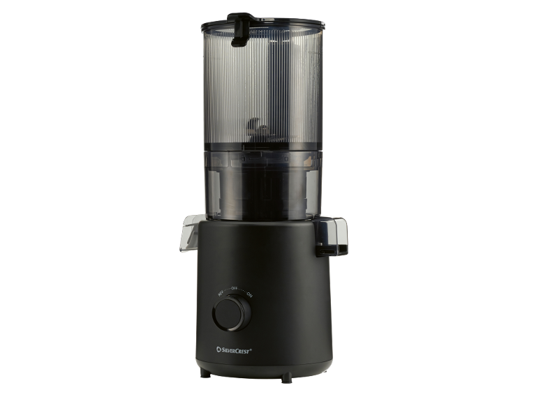 Black electric juicer with a transparent container and a control dial.