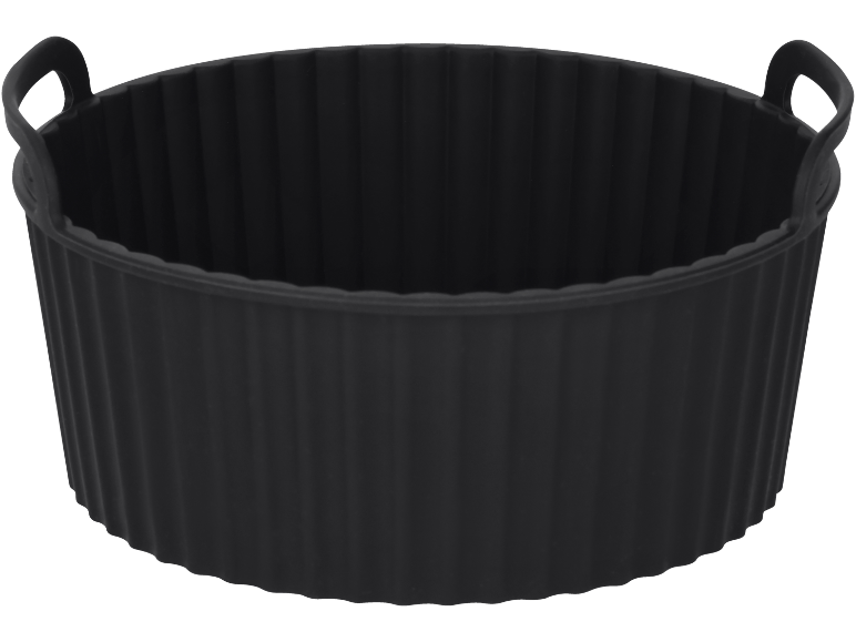 Black silicone basket with handles, featuring a ribbed design.