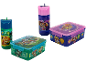 Four lunchboxes and water bottles with dinosaur and puppy themes.