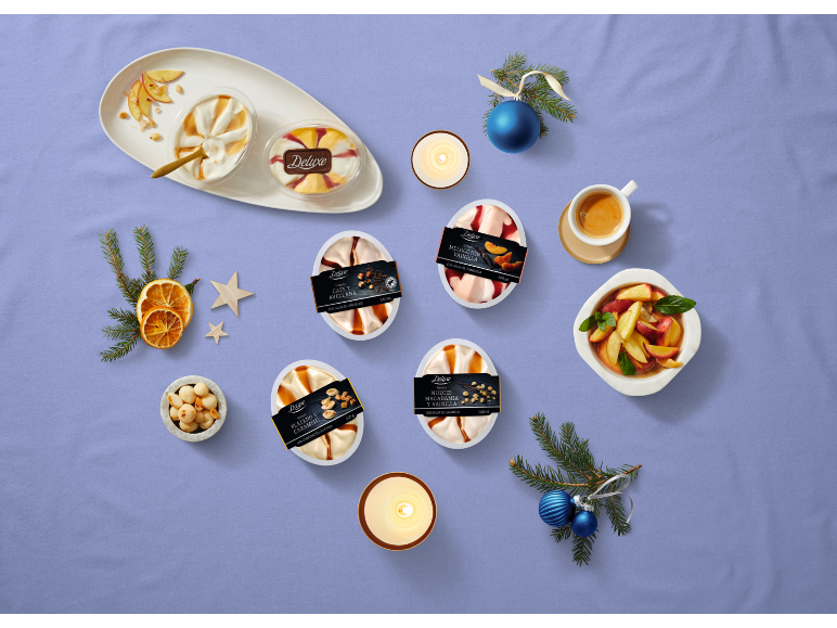 Individual ice creams: coffee, hazelnut, peach, vanilla, banana, caramel, and macadamia, with Christmas decorations.