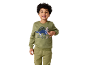 Kids' khaki green tracksuit with sequin dinosaur motif.