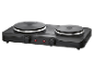 Double electric hot plate with black control knobs and red indicator lights.