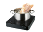 Spaghetti cooking in a pot on a portable induction hob.