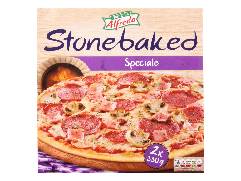 Stonebaked speciale pizza with salami, ham, and mushrooms, 2x 330g.