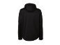 Back view of a black hooded sweatshirt with long sleeves.