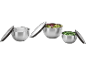 Three stainless steel bowls with lids, two filled with salad and peas.