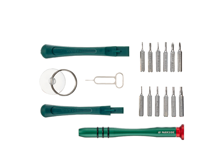 A set of precision screwdrivers and tools for electronics repair, including a green handle and various bits.