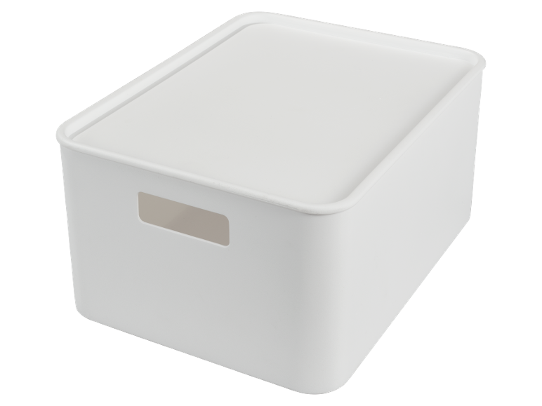 White storage container with lid, with cutout handle
