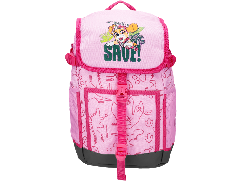 Pink backpack with a puppy motif and the text 'WE'VE GOT DINOS TO SAVE!'