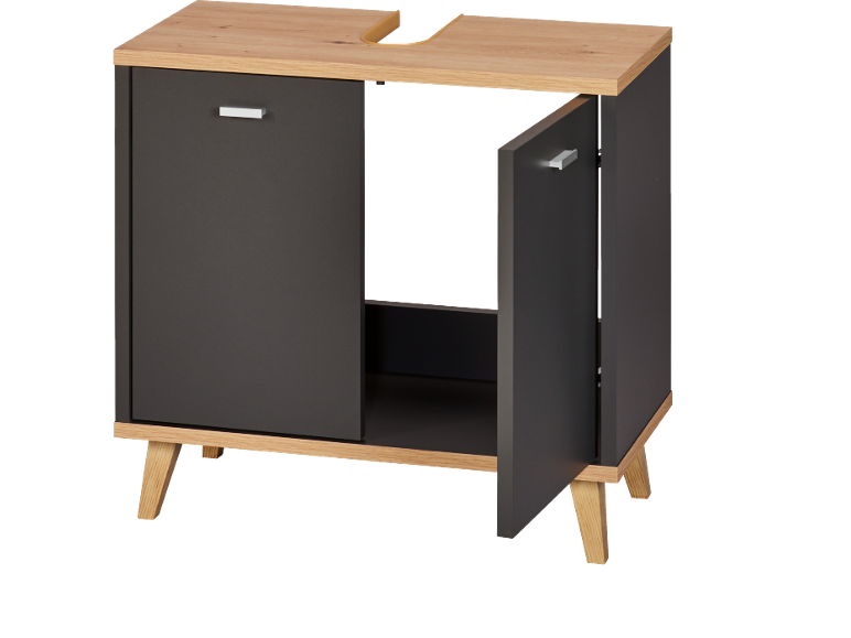 Grey and light wood vanity unit with two doors and angled legs.