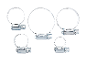 Five metal hose clamps of various sizes on a black background.