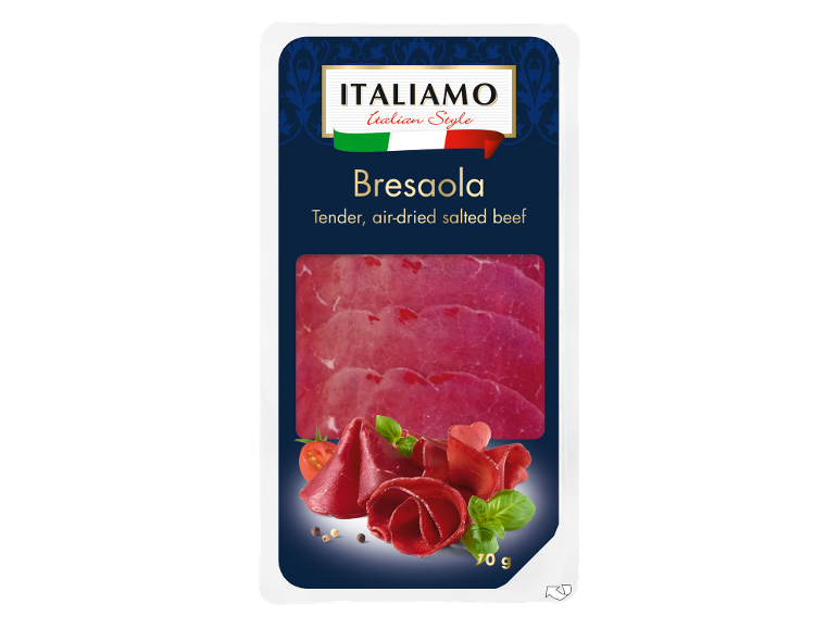 Bresaola packaging, tender, air-dried salted beef, with tomatoes and basil.