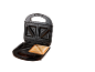 Open sandwich maker with one toasted sandwich inside on a black background.