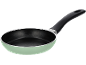 Light green frying pan with a black non-stick coating and a black handle.