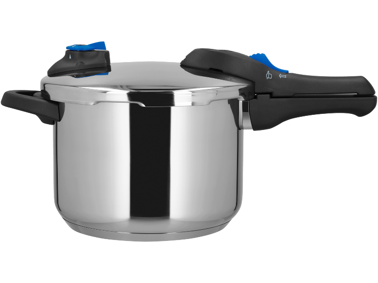Stainless steel pressure cooker with black handles and blue details.