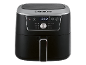 Black air fryer with a digital display showing 200°C and various cooking functions.