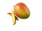 Fresh mango with water droplets and two mango slices on a black background.