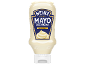 Creamy mayonnaise bottle with a blue label and text.