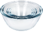 Set of three glass mixing bowls nested inside each other.