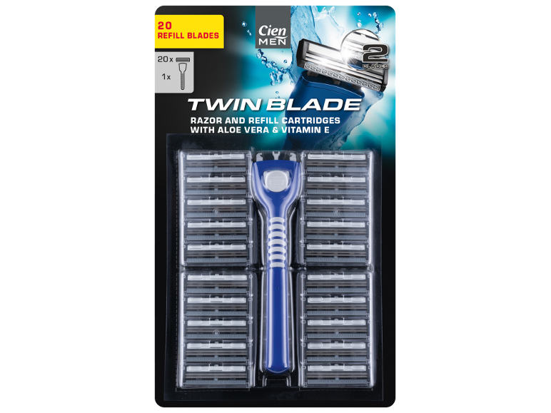 Razor with 20 twin blade refill cartridges, with aloe vera and vitamin E.