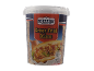 Container of crispy fried onions with a hot dog and nutritional information.