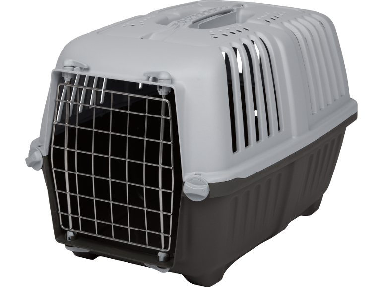 Light grey and dark grey plastic pet carrier with a wire gate.