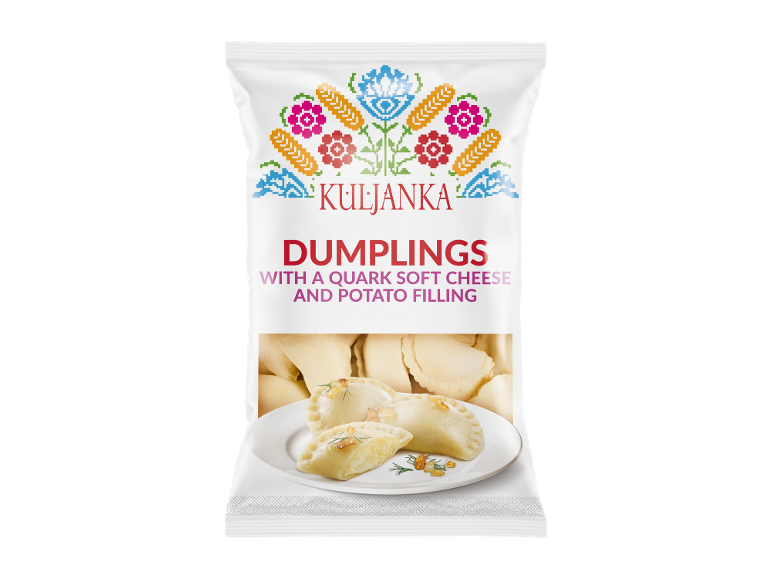 Dumplings with quark soft cheese and potato filling, packaging with ethnic pattern.